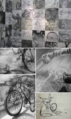 several different pictures of bicycles and people in black and white, with one drawing on the wall