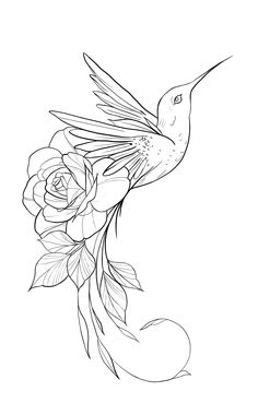 a black and white drawing of a hummingbird flying with flowers in it's beak