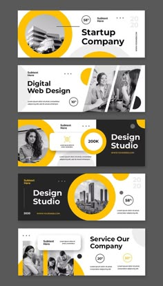 three banners with yellow and black circles on them, one is for the web design studio