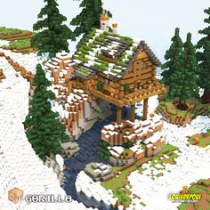 an image of a small house made out of lego blocks in the snow with trees around it