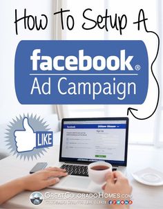 someone is typing on their laptop with the words facebook ads campaign above it and an image of a person holding a coffee mug