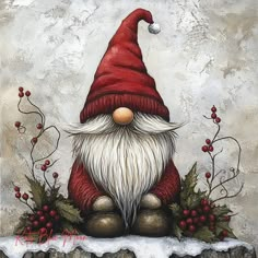 a painting of a santa clause sitting on top of a rock with holly and berries