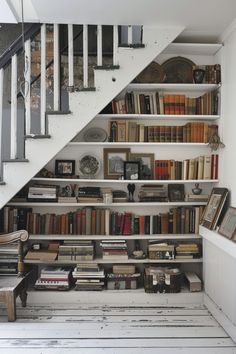 the bookshelves are filled with many different types of books