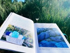 an open book with pictures of blue yarn and crochet baskets on it in the grass