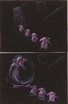 two pictures with purple ink on black paper and one has a computer mouse in it