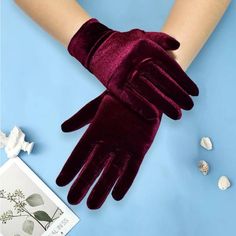 Burgundy Solid Velvet Short Glove Nwt Velvet Gloves, Costume Gloves, Vintage Dance, Warmest Winter Gloves, Cold Weather Gloves, Bridal Gloves, Fingerless Gloves Knitted, Driving Gloves, Acrylic Fiber