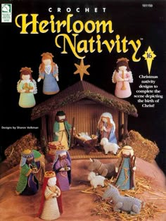 an album cover for the crochet heir nativity book, featuring christmas figurines