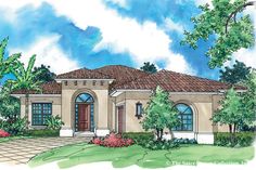 this is an artist's rendering of the front elevation of these mediterranean home plans