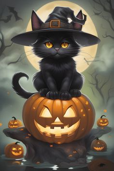 a black cat sitting on top of a pumpkin