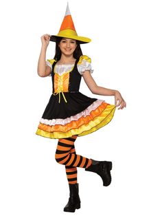 Your little girl can dress up as her favorite Halloween candy when you give her this Girl's Little Miss Candy Corn Classic Costume! In this candy corn costume with its trademark stripes, she's going to look like she's one of the pieces of candy waiting to be given out to kids on Halloween! When she comes home with a whole bag full of the same candy she's just dressed up as for the whole night, she'll be able to look back on her best Halloween ever! Corn Costume, Candy Corn Witch, Candy Corn Costume, Miss Candy, Dress Tights, Popular Costumes, Mens Fashion Business Casual, Theatre Costumes, Toddler Costumes