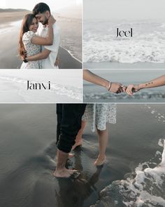 two people holding hands and standing on the beach in front of the ocean with their arms around each other