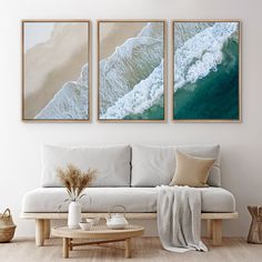 three paintings on the wall above a couch in a living room