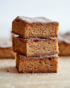 three pieces of brownies stacked on top of each other