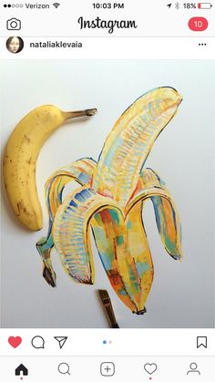 a drawing of a banana on a white surface with scissors and other items around it