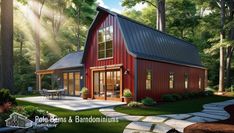 a small red barn house surrounded by trees