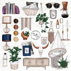 an illustration of various items that are hanging on the wall