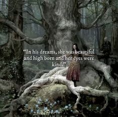 a woman standing on top of a tree in the woods with a quote above her