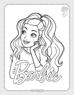 a coloring page with the word barbie on it and a woman's face in black ink