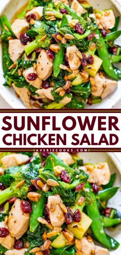 this is an image of sunflower chicken salad with broccoli and cranberries