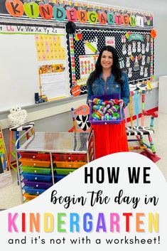 a woman standing in front of a classroom with the words how we begin the play in kindergarten and it's not with a worksheet