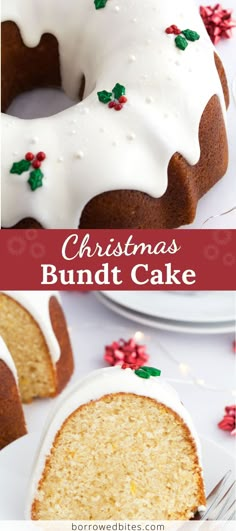 christmas bundt cake with white frosting and sprinkles on the top