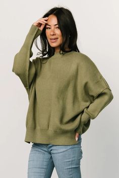 Jeremiah Knit Sweater | Olive | Baltic Born Olive Green Sweater Outfit, Joanna Gaines Style Clothes, Joanna Gaines Style, Olive Green Sweater, Baltic Born, Trendy Sweaters, Velvet Fashion, Soft Sweater, Trendy Fall