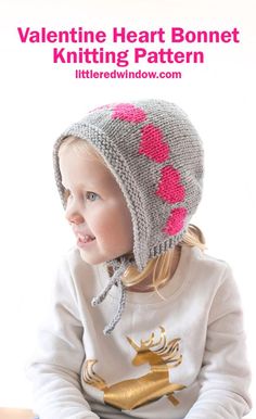 This adorable baby bonnet knitting pattern features a row of colorful colorwork hearts and cute and functional chin ties! Free Hat Patterns, Bonnet Knitting Pattern, Spring Knitting, Holiday Knitting, Baby Hat Knitting Patterns Free, Kids Knitting, Valentines Outfit, Baby Hat Knitting Pattern