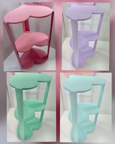 four different colored stools sitting next to each other