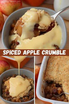 an apple crumble is being drizzled with caramel on top and in the bottom