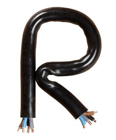 the letter r is made out of black plastic and has three wires attached to it