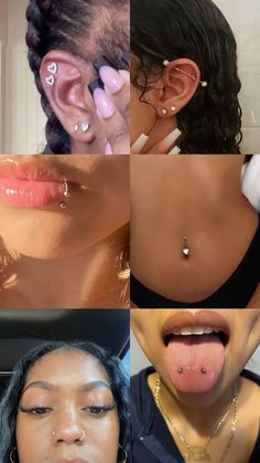 four different pictures of women with piercings on their heads and noses, one has her tongue out