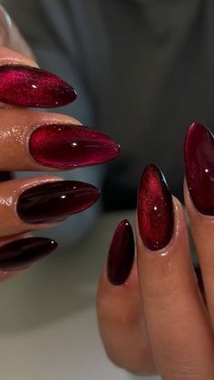 New Year Nails Almond Shape, Red Nails Metallic, Win Red Nails, Cherry Coke Nails Chrome, Red Almond Nails Acrylic, Dark Red Shiny Nails, Nail Cherry Red, Almond Nails Designs Dark Red, Red Galaxy Nails