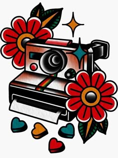 a drawing of an old school camera with flowers and hearts around it on a white background