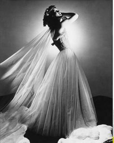 a woman in a wedding dress poses with her veil flowing over her head stock photo