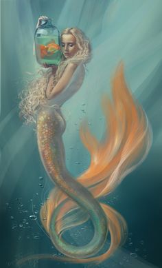 a painting of a mermaid holding a fish