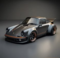 a grey porsche sports car with orange stripes on the front and side, parked in a dark room