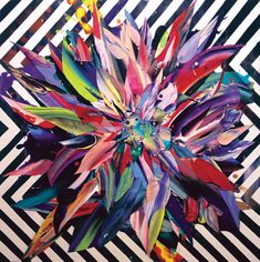 an abstract painting with multicolored lines and flowers in the center, on a black and white striped background