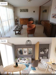 before and after shots of a living room