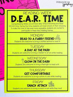 two pink and yellow signs with black writing on them that read reading week, dear time