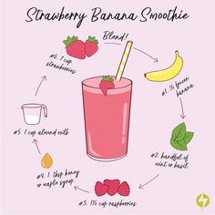 healthy smoothie recipe graphic Quick Healthy Smoothies, Cherry Vanilla Smoothie, Popflex Active, Makanan Cepat Saji, Pina Colada Smoothie, Recipe Drawing, Happy June, Peanut Butter Smoothie, Strawberry Banana Smoothie