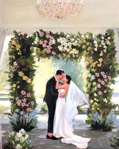 a painting of a bride and groom kissing in front of an archway with flowers on it