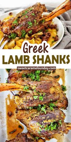 greek lamb shanks served with pasta and parsley garnished with parsley