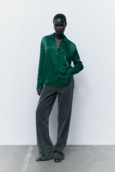 Zara Australia, Zara New, Satin Shirt, Bottle Green, Collared Shirt, Shirt Collar, Cuff Sleeves, Asymmetric Hem, Collar Shirts