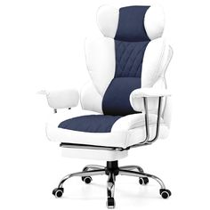 an office chair with blue and white upholstered seat covers on the back, in front of a white background