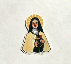 a sticker depicting the virgin mary holding a rosary and a rose in her hand