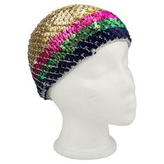 Roy Halston Frowick began his career as a hat designer. He was best known for his pillbox style creations before expanding into women's wear and revolutionizing the way his jet set clients dressed for daytime to disco nights. This rainbow sequin and silver knit crochet hat would have been a "look" in the Studio 54 days when a bit of flash was the choice of the high fashion celebrity club goers. In excellent condition with enough stretch to fit on a small to medium head. Lovely Halston label. Goe Roy Halston, Crochet Skull Cap, Disco Night, Bianca Jagger, Crochet Skull, Liza Minnelli, Robes Vintage, Studio 54, Cloche Hat