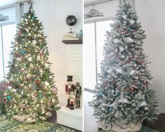 two christmas trees in different stages of being decorated