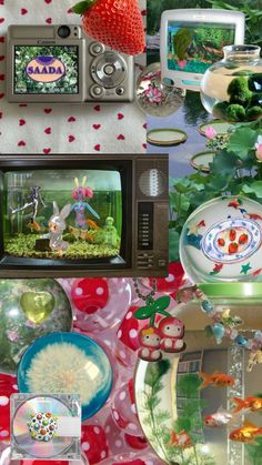 a collage of pictures with various items on them including plates, bowls and televisions