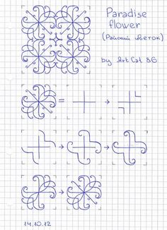 the cross stitch pattern is shown in blue and white, as well as four different designs