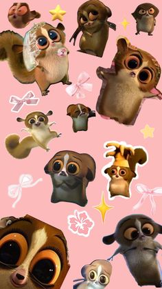 some very cute little animals on a pink background